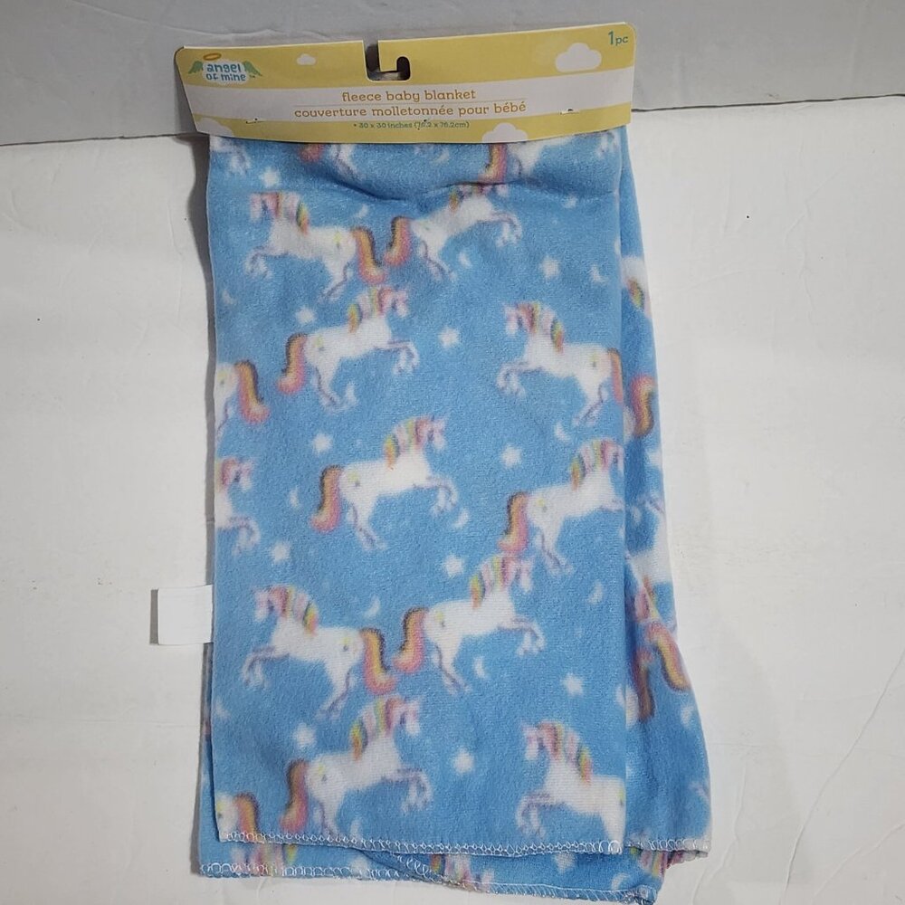 Angel of Mine Fleece Baby Blanket Sky Blue UNICORNS Stars 30 x 30 New